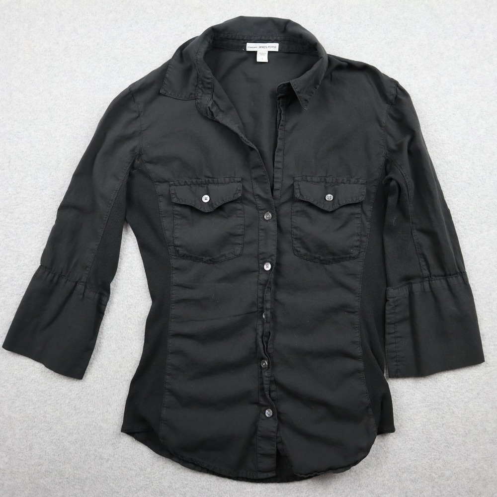 James Perse Shirt Top Womens 1 Button Down Black Ribbed Side Panel 3/4 Sleeve